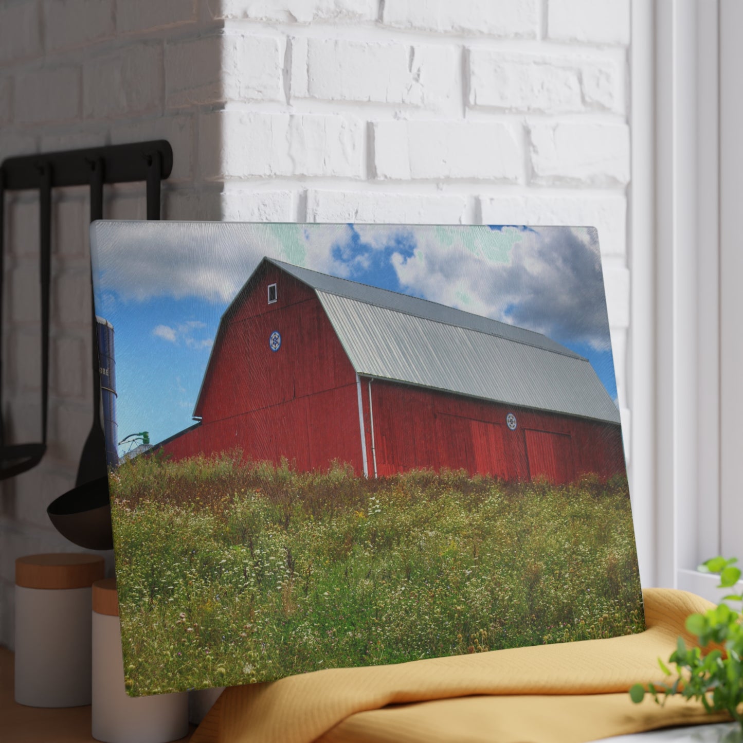 U R There Photography South Henderson Road Hilltop Red III Rustic Farmhouse Tempered-Glass Cutting Board