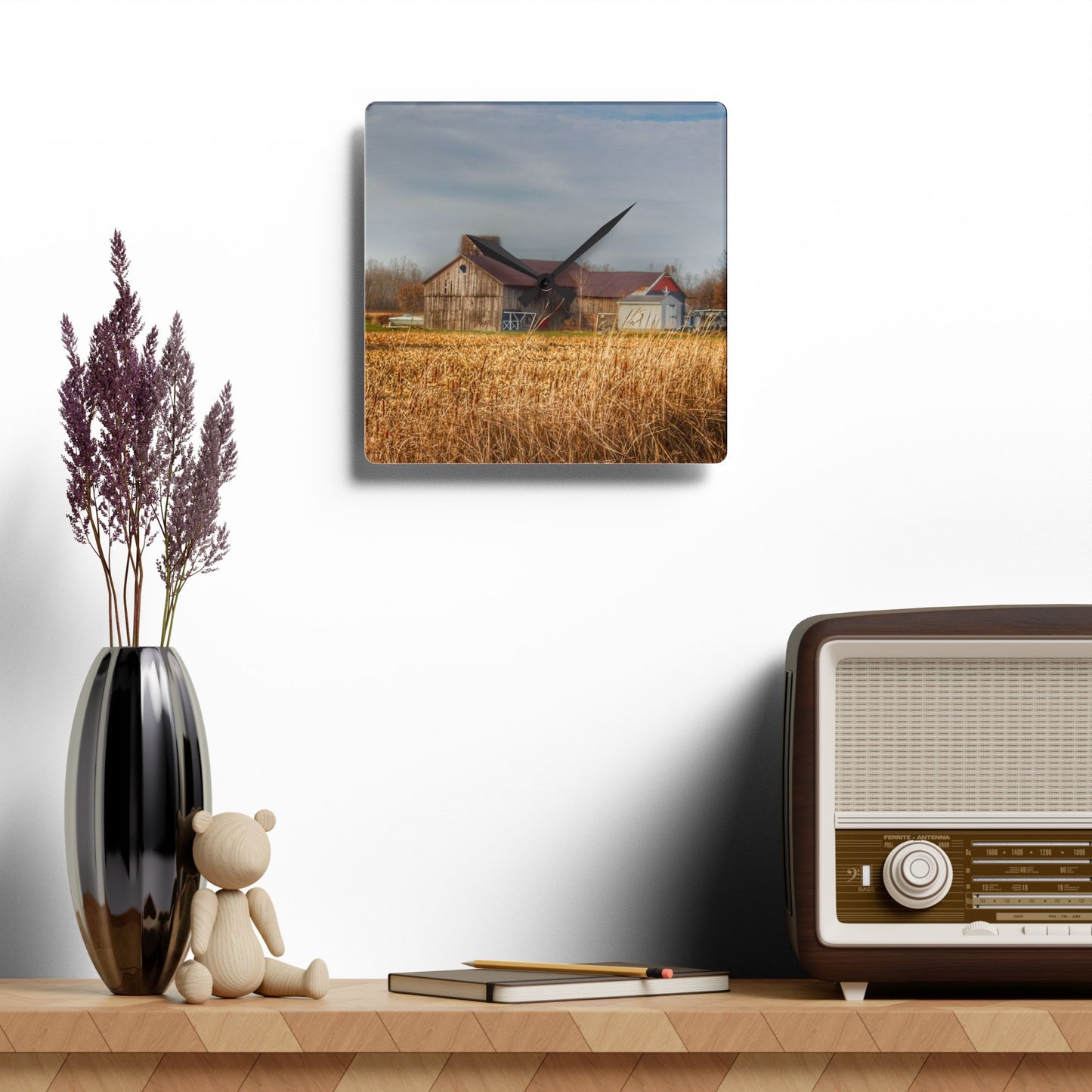 U R There Photography North Center Road Grey Rustic Farmhouse Acrylic Analog Wall Clock