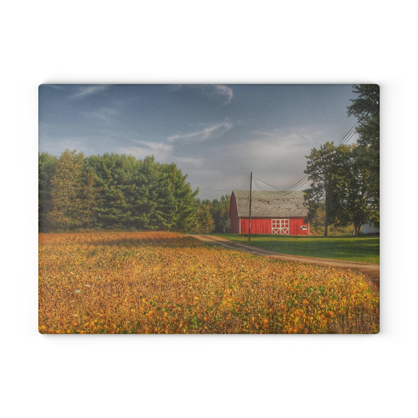 U R There Photography Red Barn on Golden Field Rustic Farmhouse Tempered-Glass Cutting Board