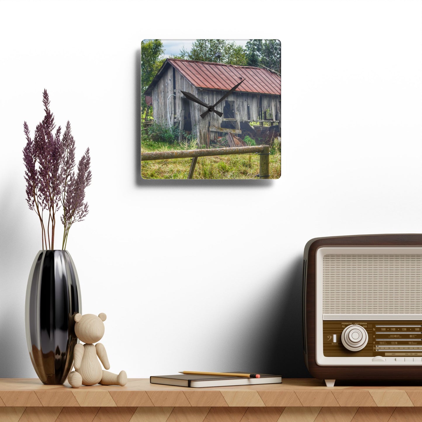 U R There Photography Silverwood Rusted Grey Shack Rustic Farmhouse Acrylic Analog Wall Clock