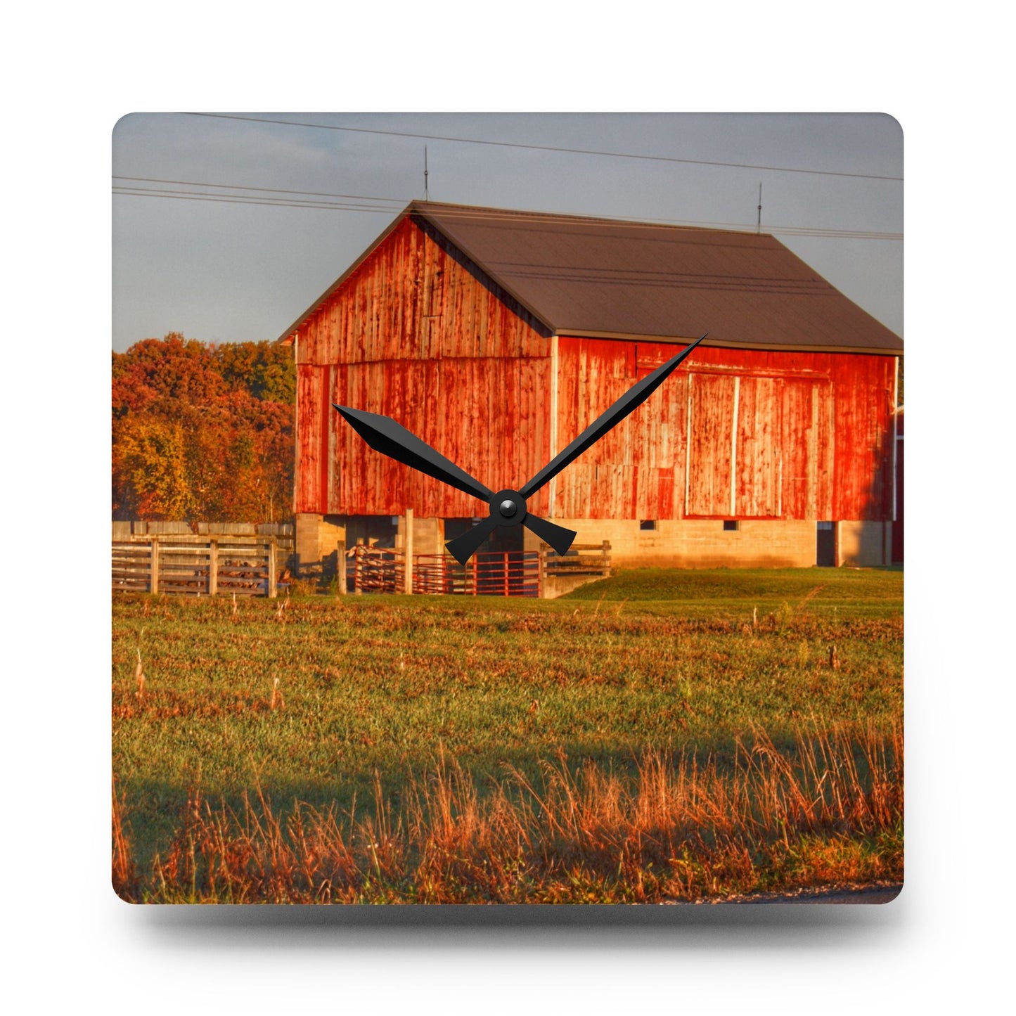 U R There Photography Lake Pleasant Corral Red II Rustic Farmhouse Acrylic Analog Wall Clock
