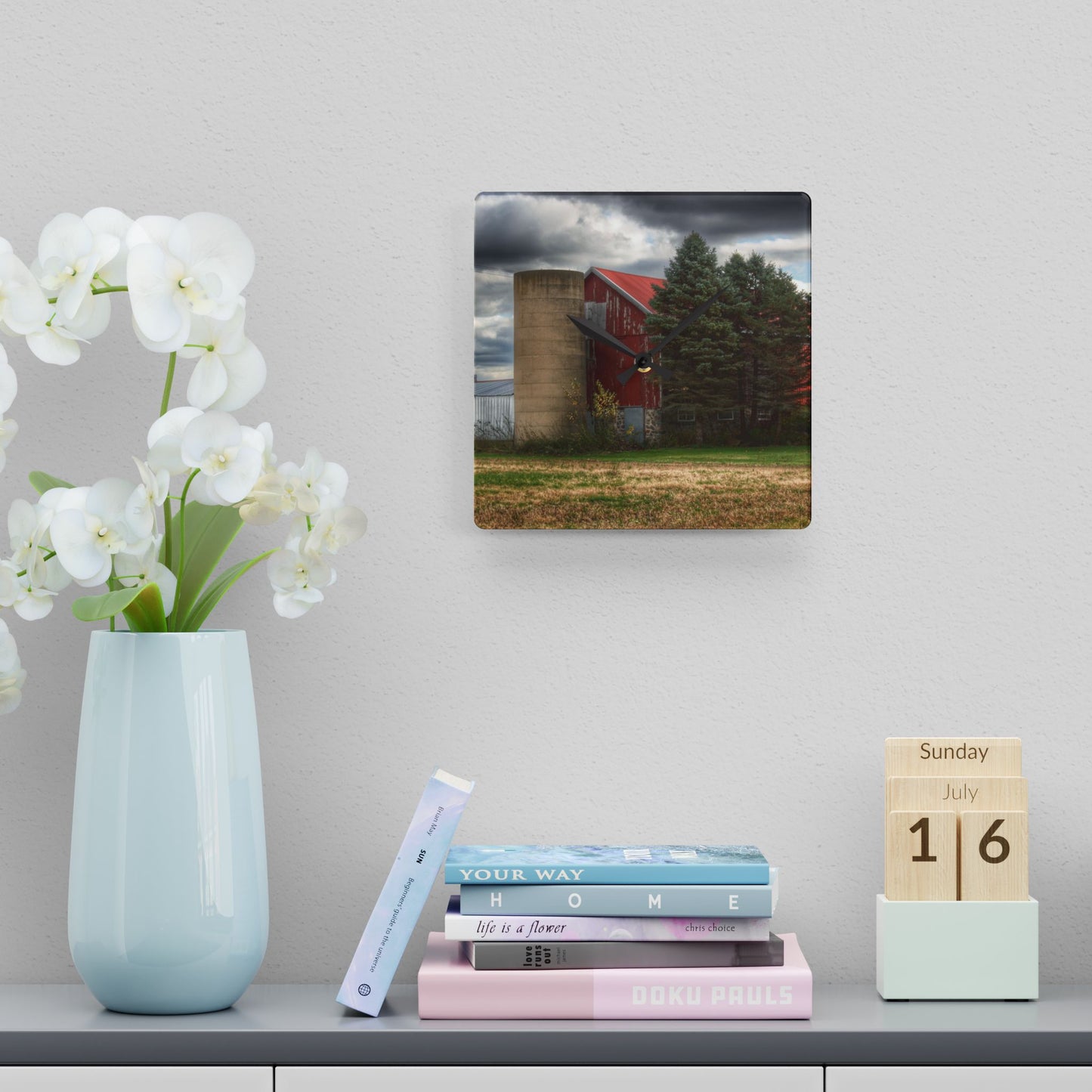 U R There Photography Laur Road Red Among the Pines II Rustic Farmhouse Acrylic Analog Wall Clock