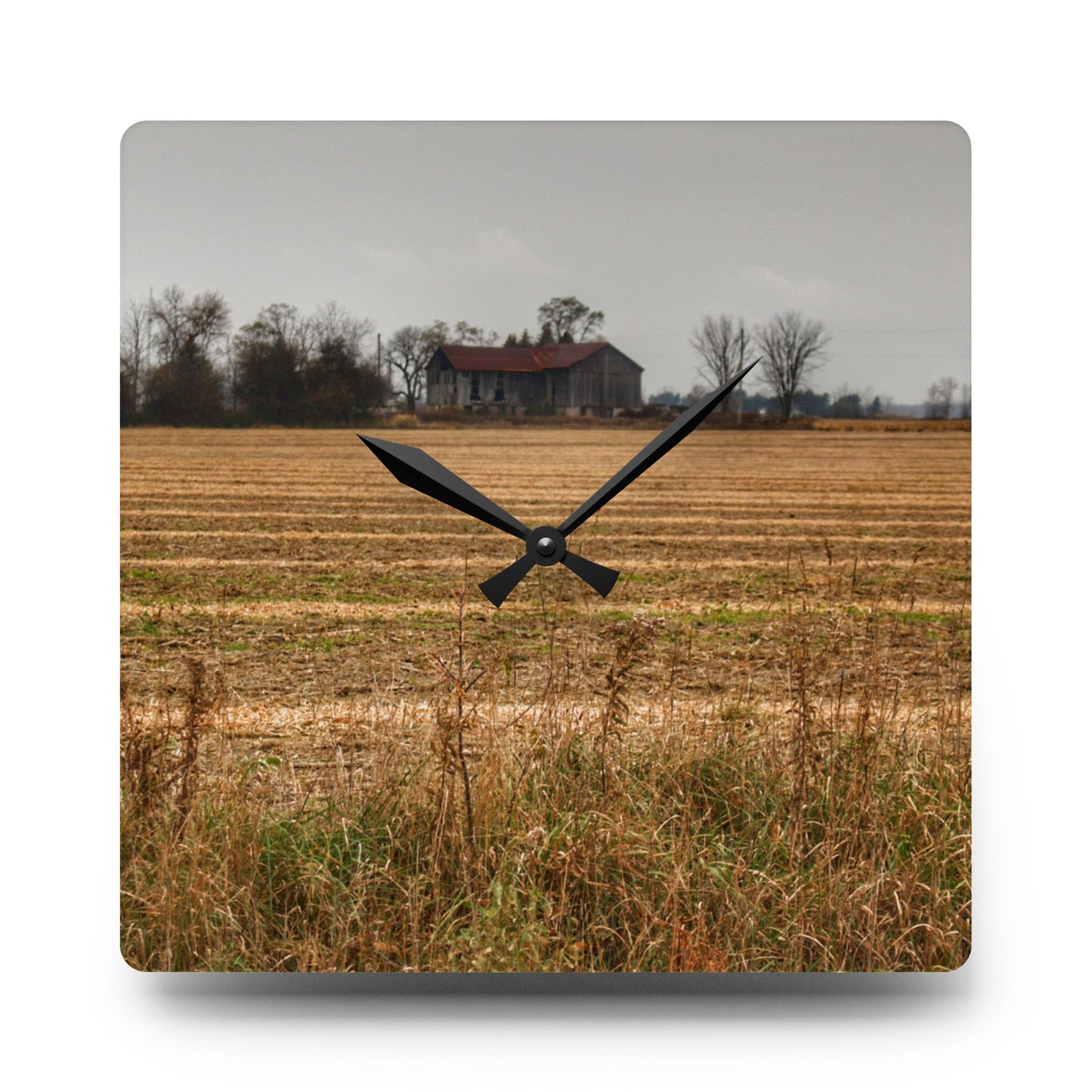 U R There Photography Freiberger Road Grey Across the Field Rustic Farmhouse Acrylic Analog Wall Clock
