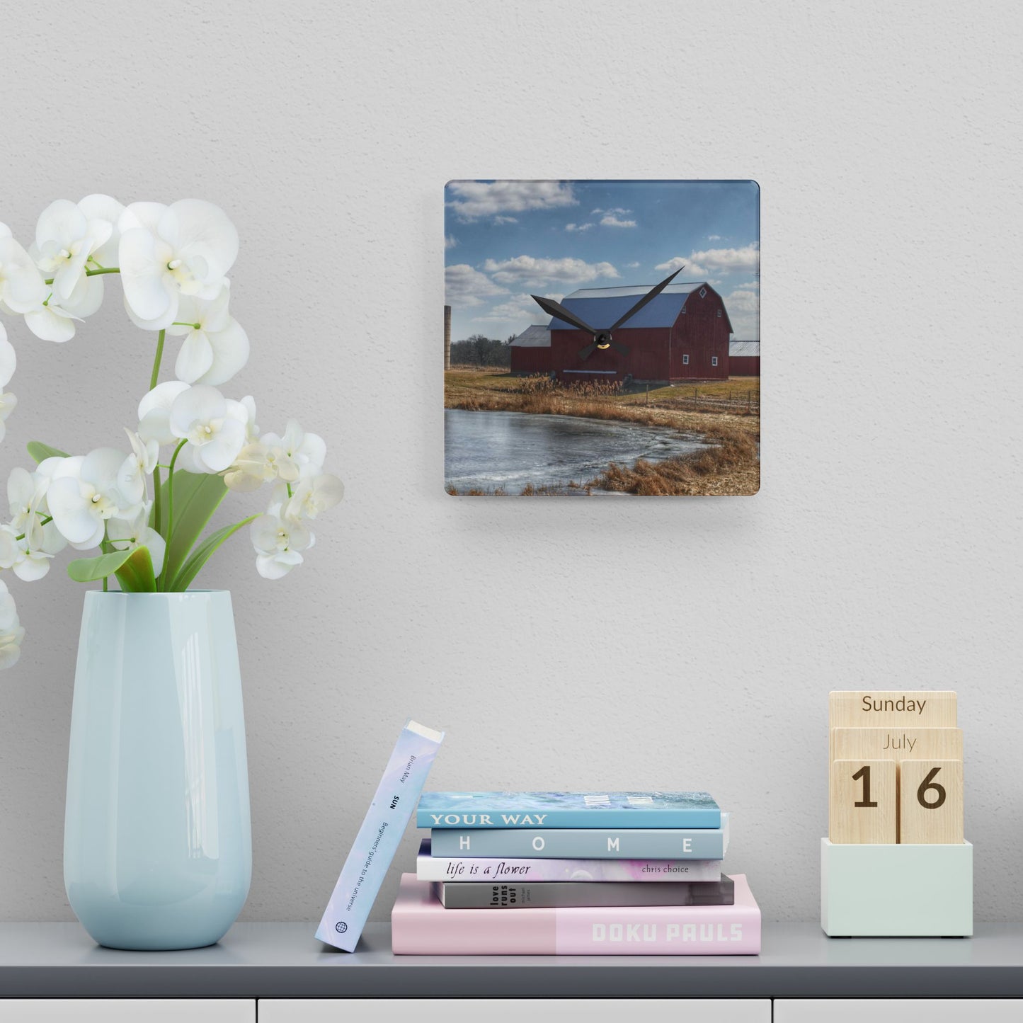 U R There Photography Fisher Road Red Rustic Farmhouse Acrylic Analog Wall Clock