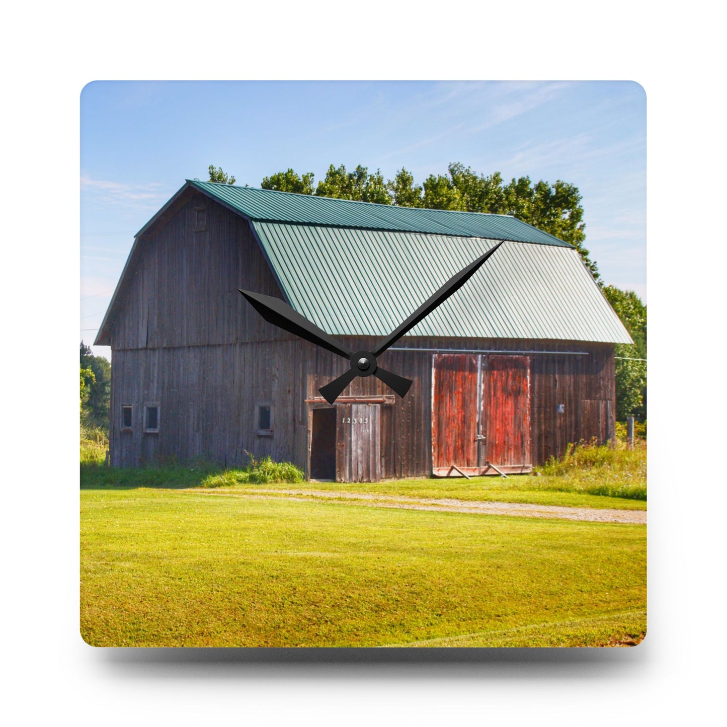 U R There Photography Red Door Barn of Mount Morris Road Rustic Farmhouse Acrylic Analog Wall Clock