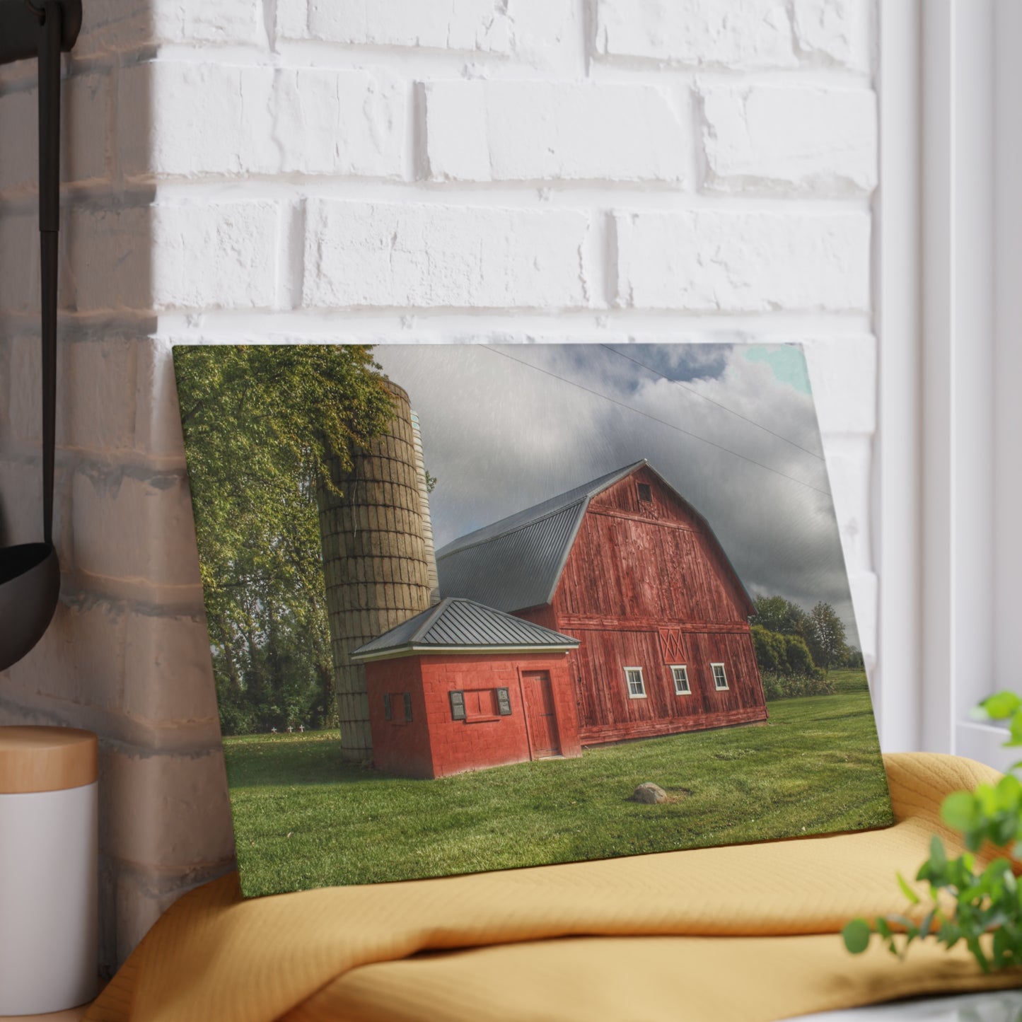 U R There Photography Hollow Corners Red and Silo Rustic Farmhouse Tempered-Glass Cutting Board