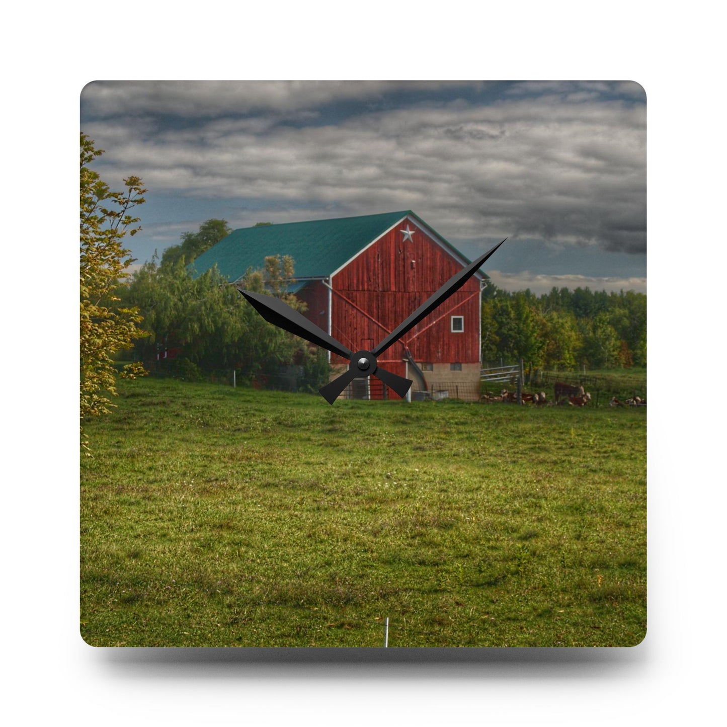 U R There Photography Kingston Plain Road Cow Barn Rustic Farmhouse Acrylic Analog Wall Clock