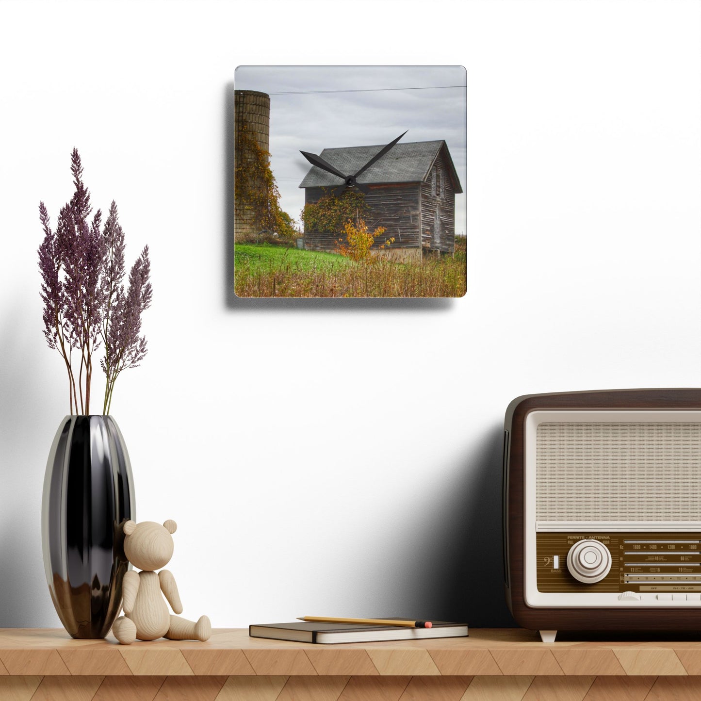 U R There Photography Fisher Road Grey Rustic Farmhouse Acrylic Analog Wall Clock