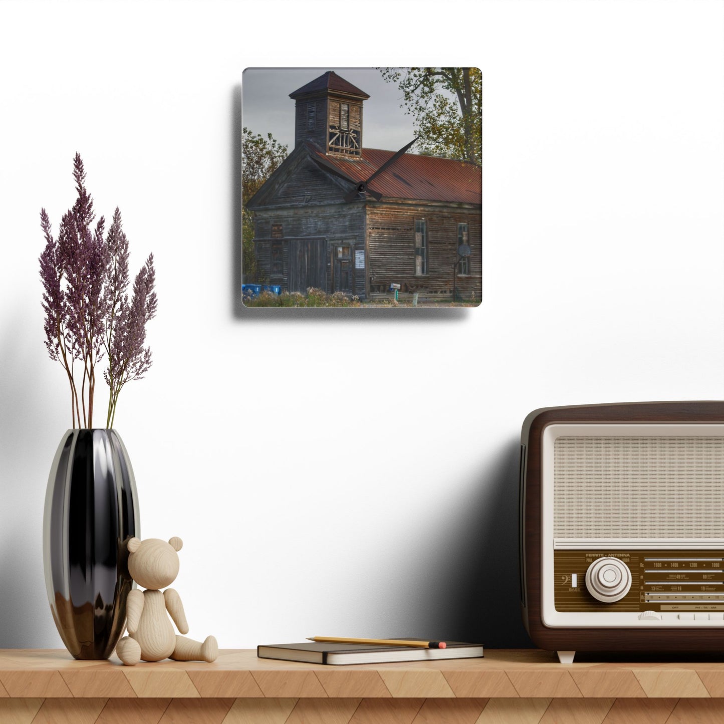 U R There Photography Taylor Road Church of Old Rustic Farmhouse Acrylic Analog Wall Clock