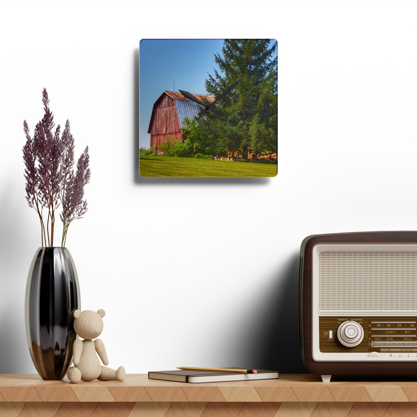 U R There Photography Mushroom Road Hidden Red Rustic Farmhouse Acrylic Analog Wall Clock