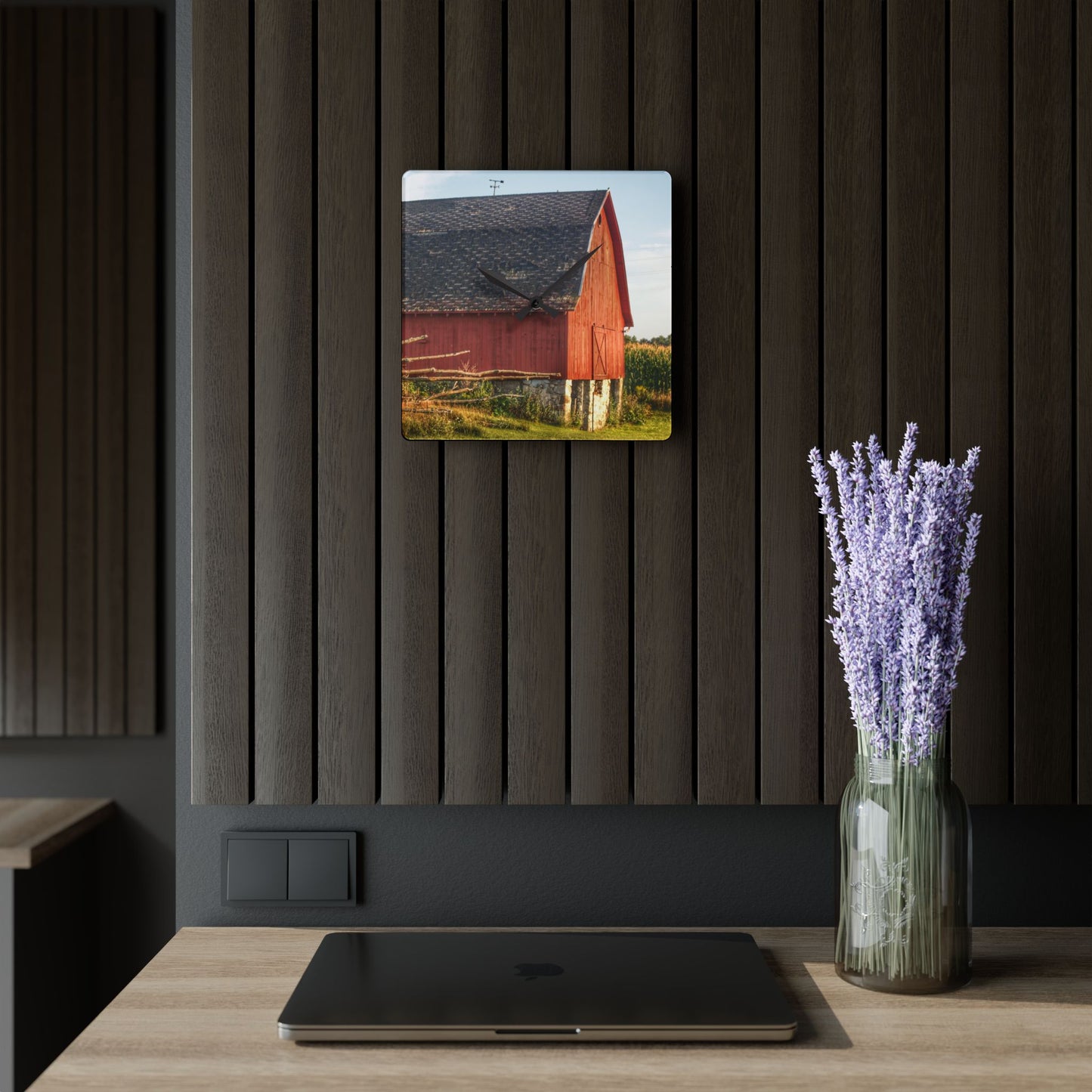 U R There Photography Otter Lake Road Red II Rustic Farmhouse Acrylic Analog Wall Clock