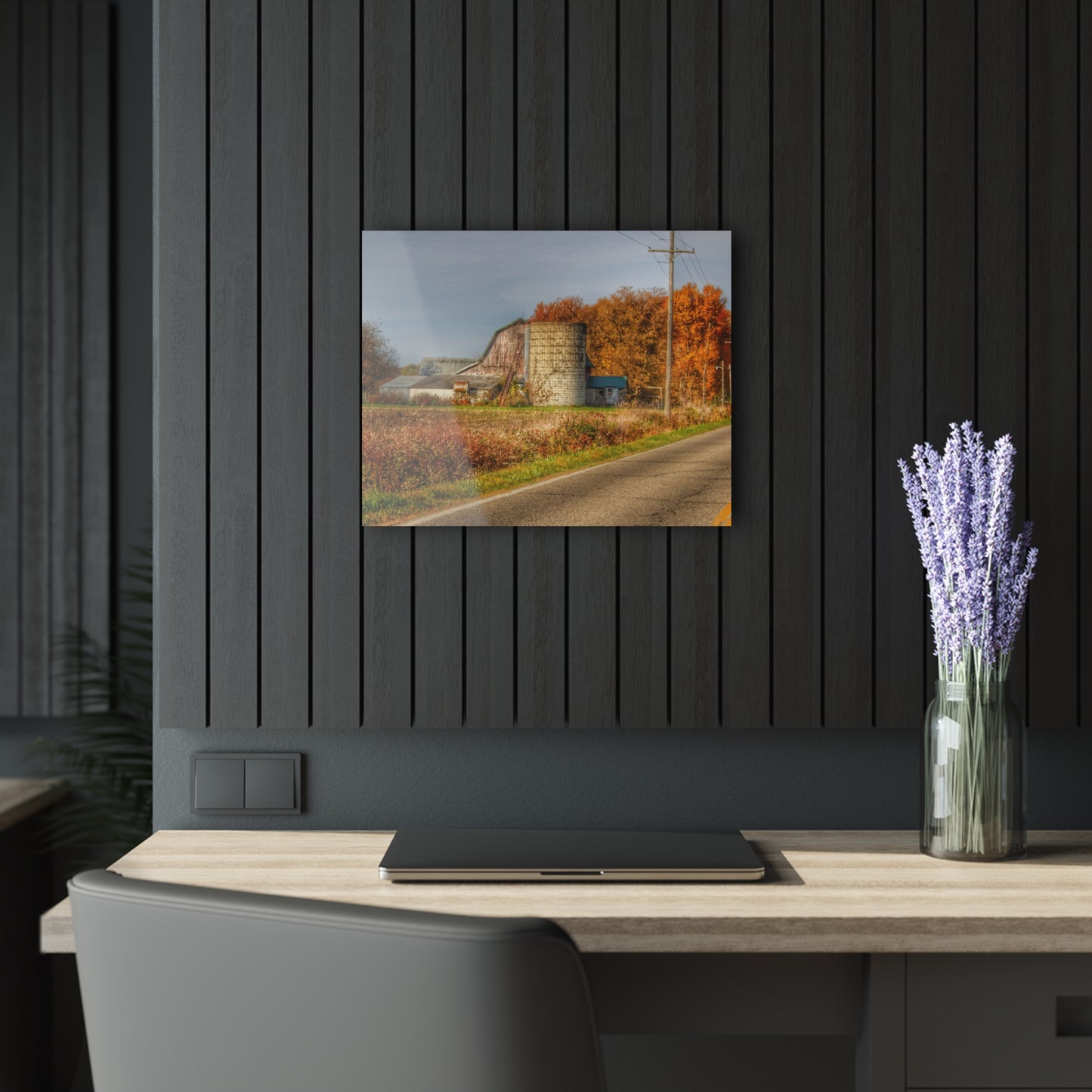 U R There Photography Plumb Creek Road Red in Fall II Rustic Farmhouse Acrylic Wall Print