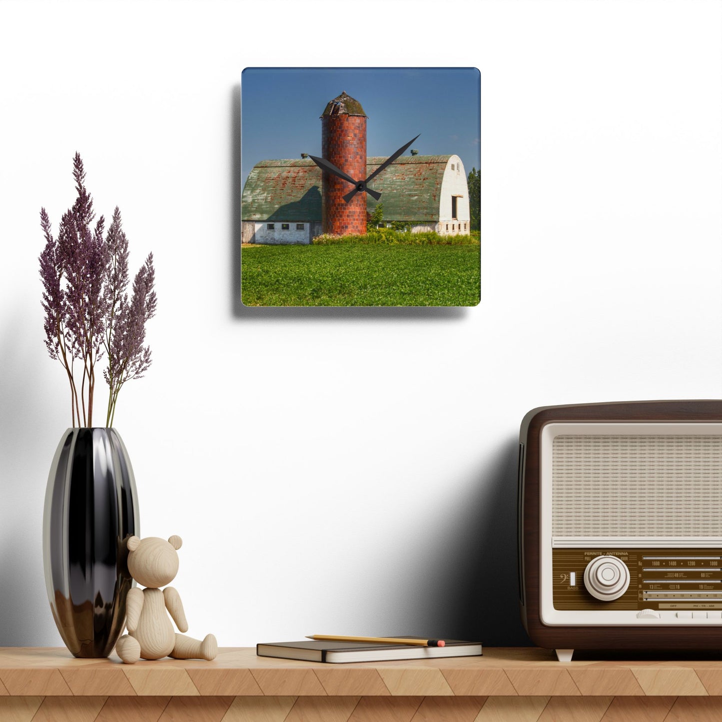 U R There Photography Elba White and Silo Rustic Farmhouse Acrylic Analog Wall Clock