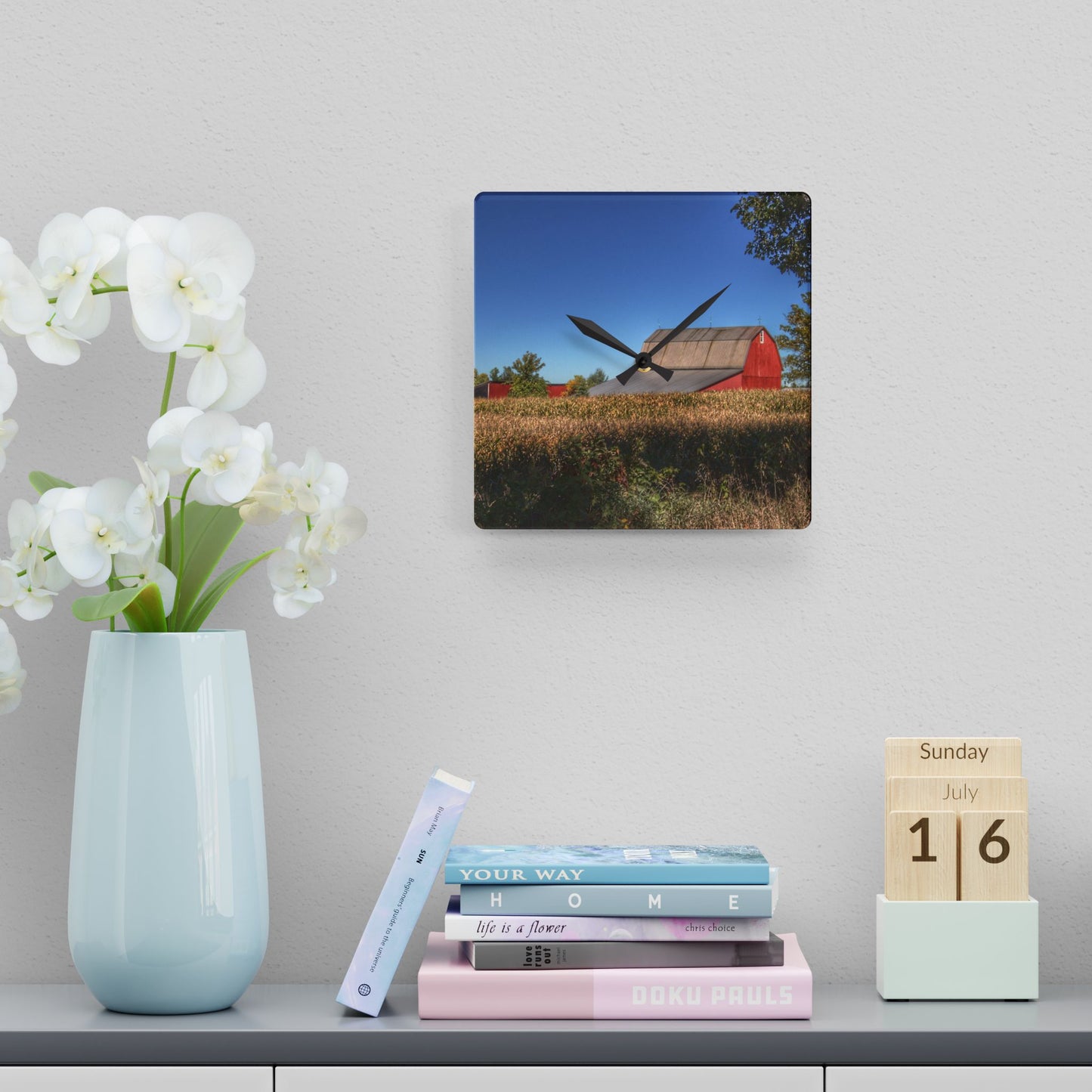 U R There Photography Red Saltbox Barn Rustic Farmhouse Acrylic Analog Wall Clock