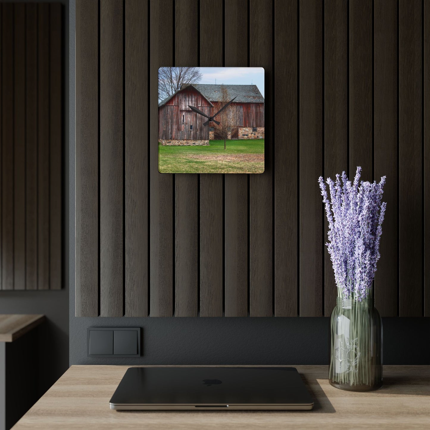 U R There Photography Millington Road Stone Grey Rustic Farmhouse Acrylic Analog Wall Clock