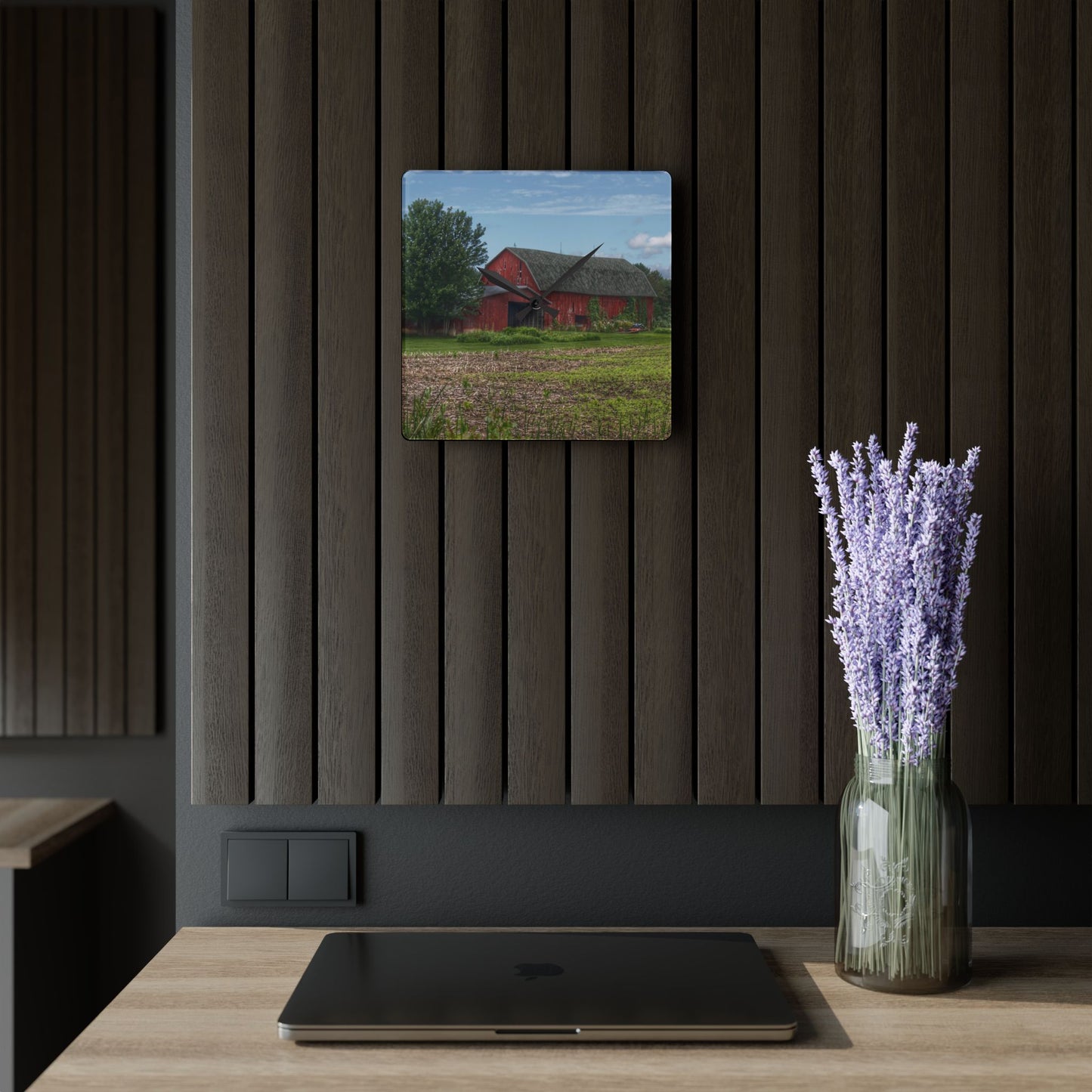 U R There Photography Murphy Lake Road Reds Rustic Farmhouse Acrylic Analog Wall Clock