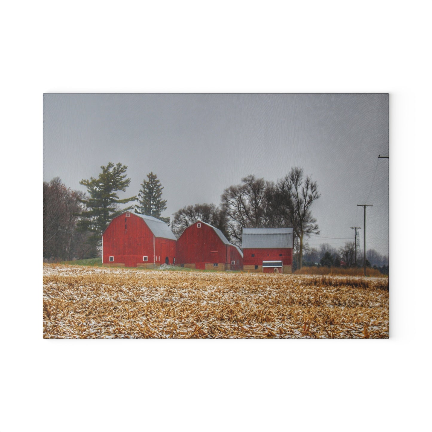 U R There Photography Shoemaker Road Winter Reds II Rustic Farmhouse Tempered-Glass Cutting Board