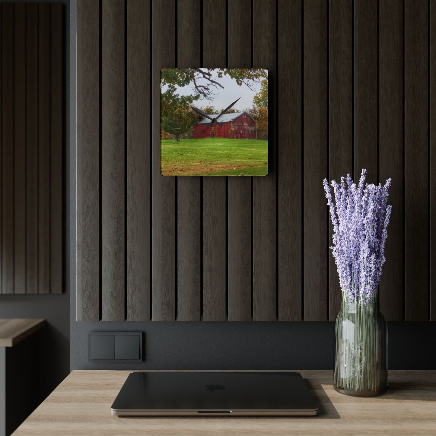 U R There Photography Hill Road Roadside Red Rustic Farmhouse Acrylic Analog Wall Clock