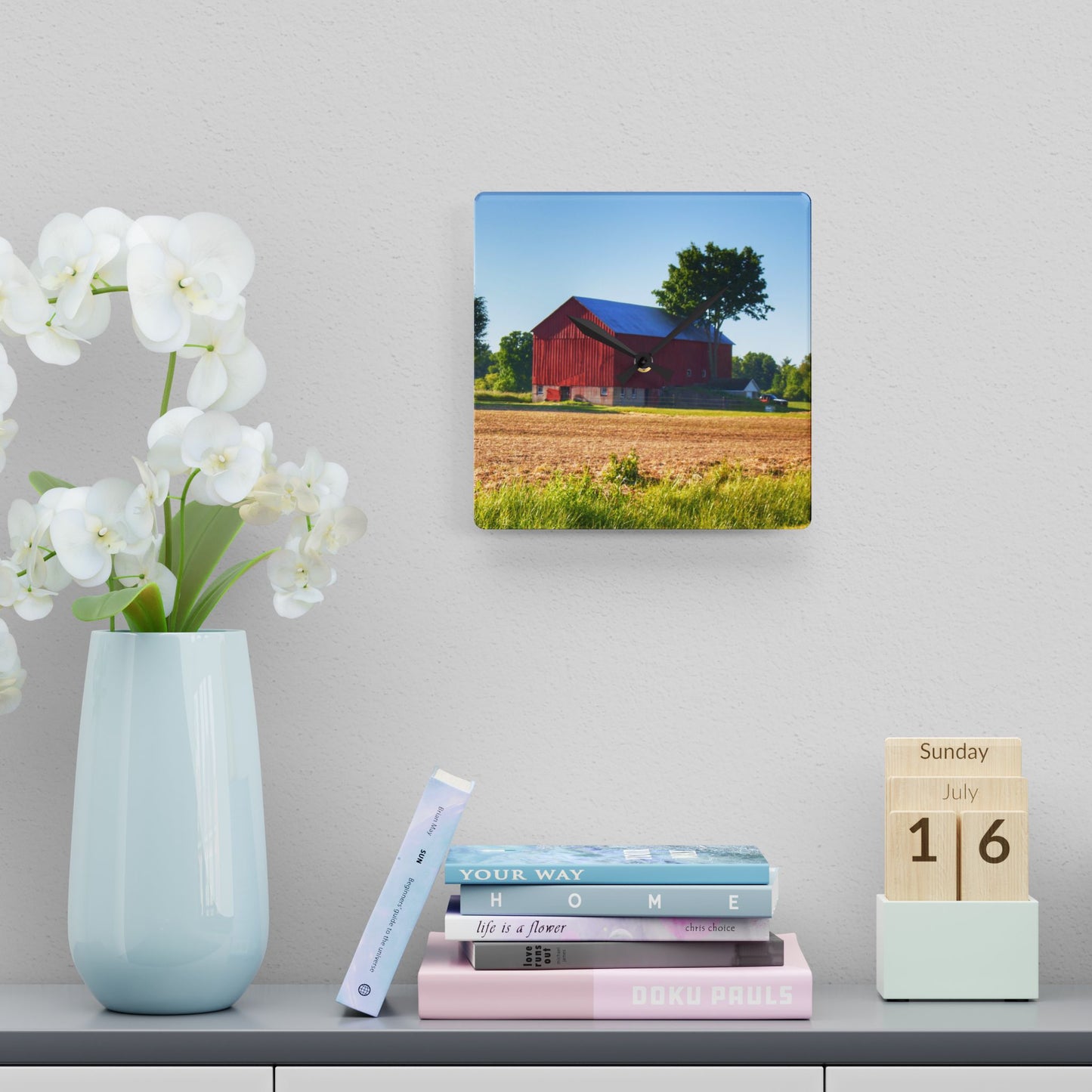 U R There Photography Morris Road Red Rustic Farmhouse Acrylic Analog Wall Clock