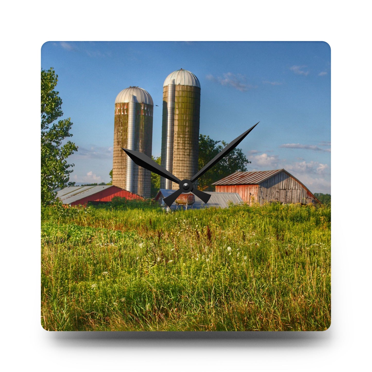 U R There Photography Morrish Road Silos II Rustic Farmhouse Acrylic Analog Wall Clock