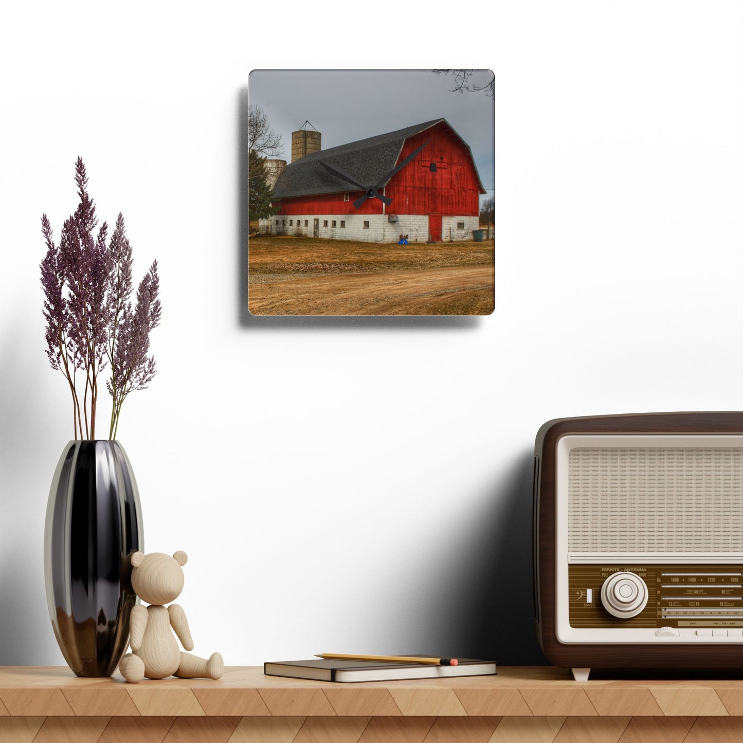 U R There Photography Hunters Creek Red Cow Barn II Rustic Farmhouse Acrylic Analog Wall Clock