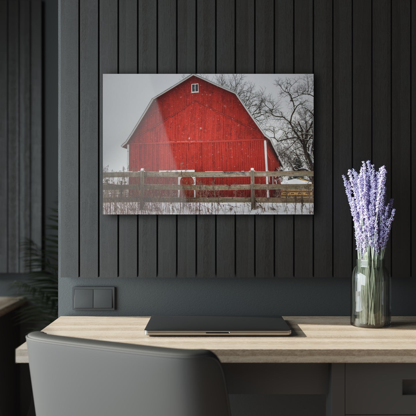 U R There Photography Big Red Beyond the Fence Rustic Farmhouse Acrylic Wall Print