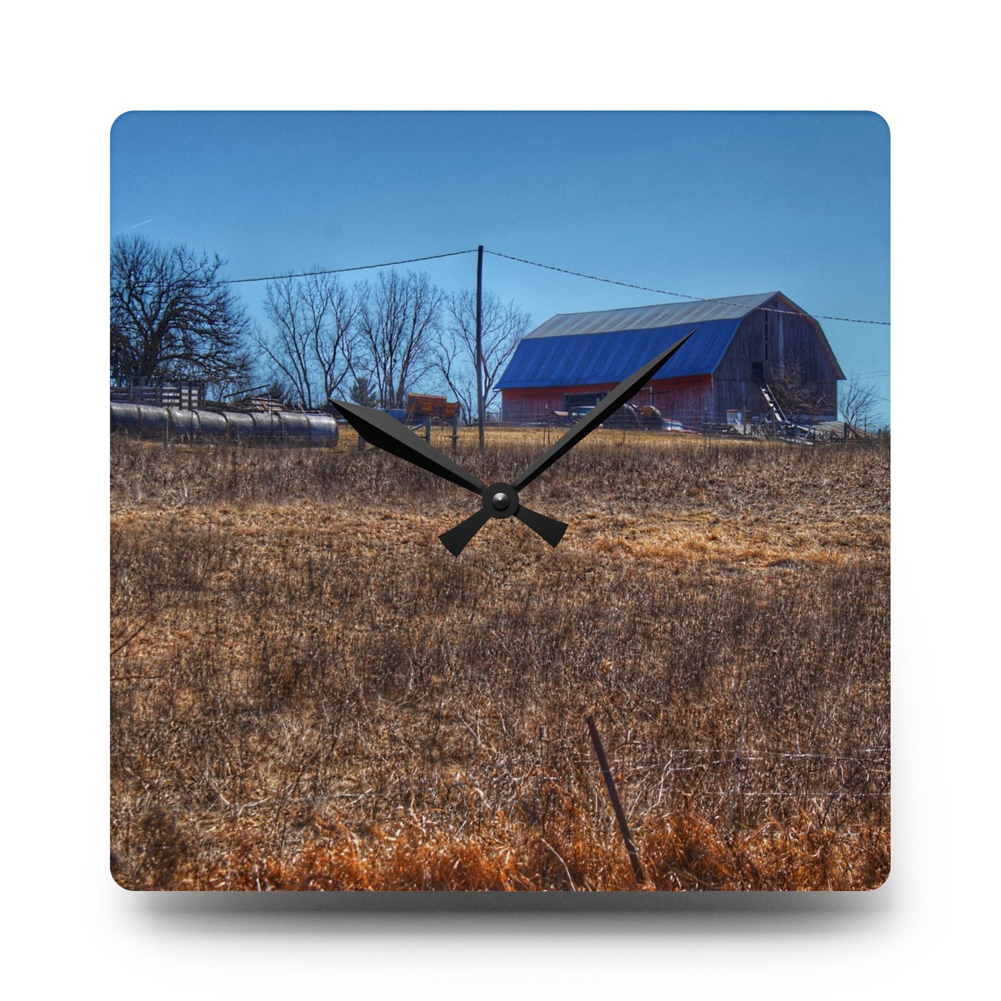 U R There Photography Marathon Haybarn on the Hill I Rustic Farmhouse Acrylic Analog Wall Clock