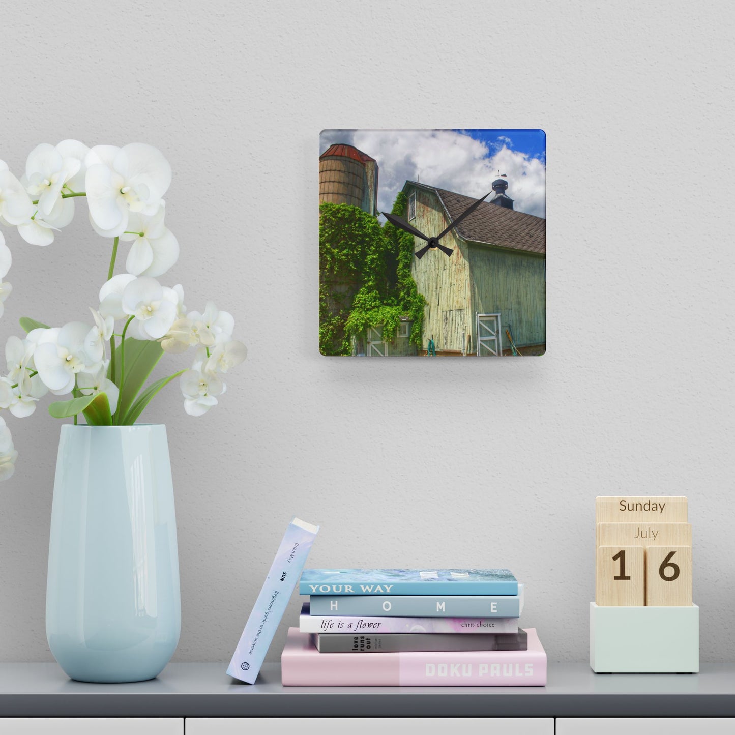 U R There Photography Clark Road Meadow Green Rustic Farmhouse Acrylic Analog Wall Clock