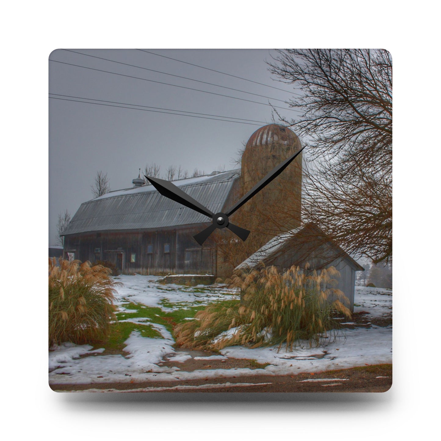 U R There Photography Ludwig Road Greys in the Fog Rustic Farmhouse Acrylic Analog Wall Clock