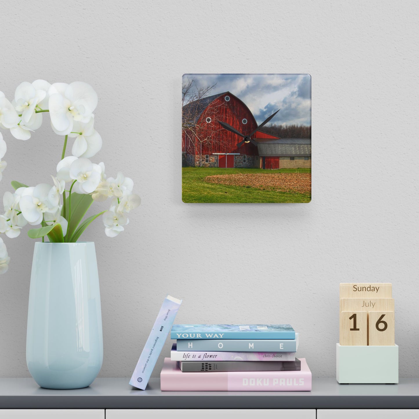 U R There Photography Clear Lake Road Fieldstone Red Rustic Farmhouse Wall Clock