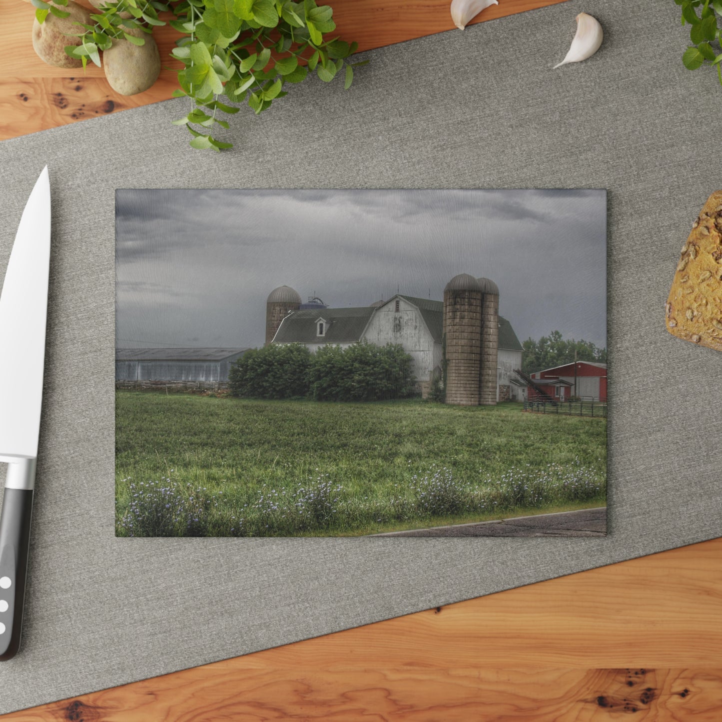 U R There Photography Clark Road White II Rustic Farmhouse Tempered-Glass Cutting Board