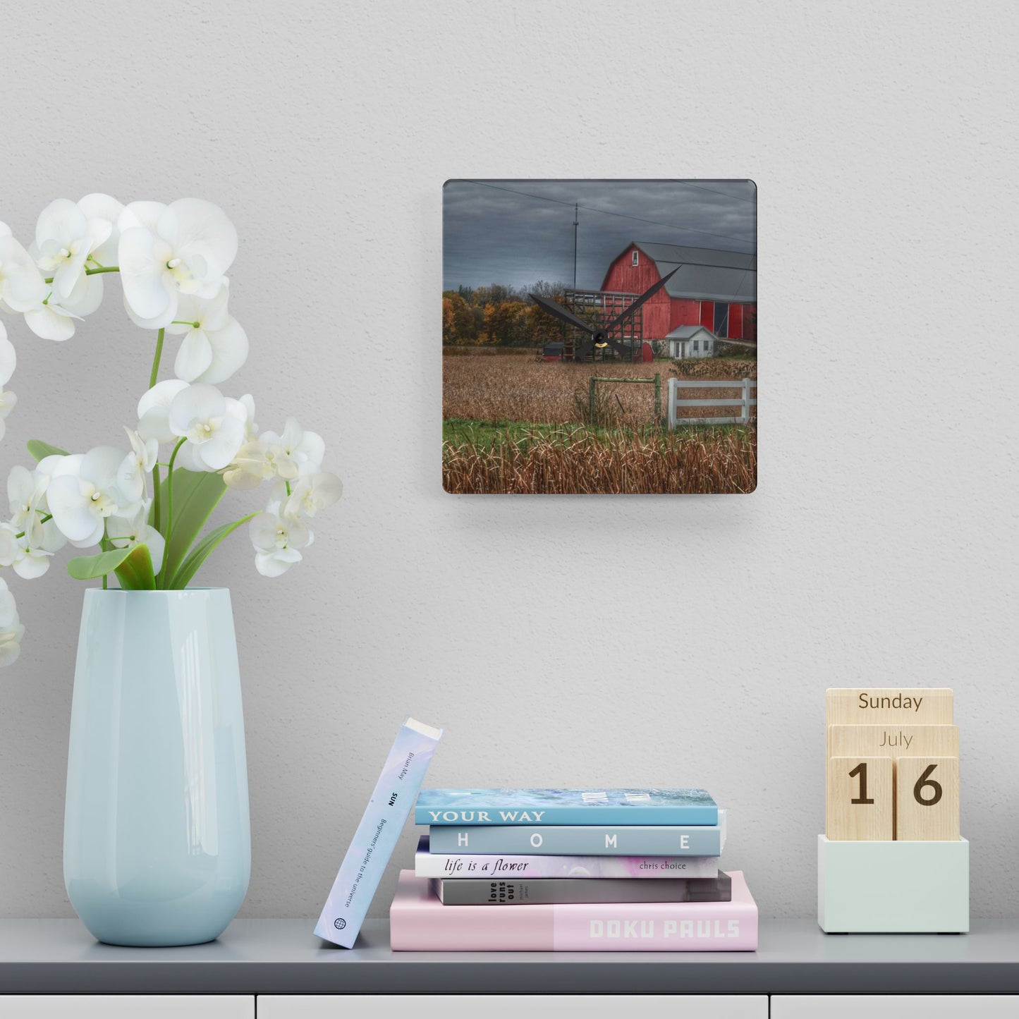 U R There Photography Barnes Road Red in Fall Rustic Farmhouse Acrylic Analog Wall Clock