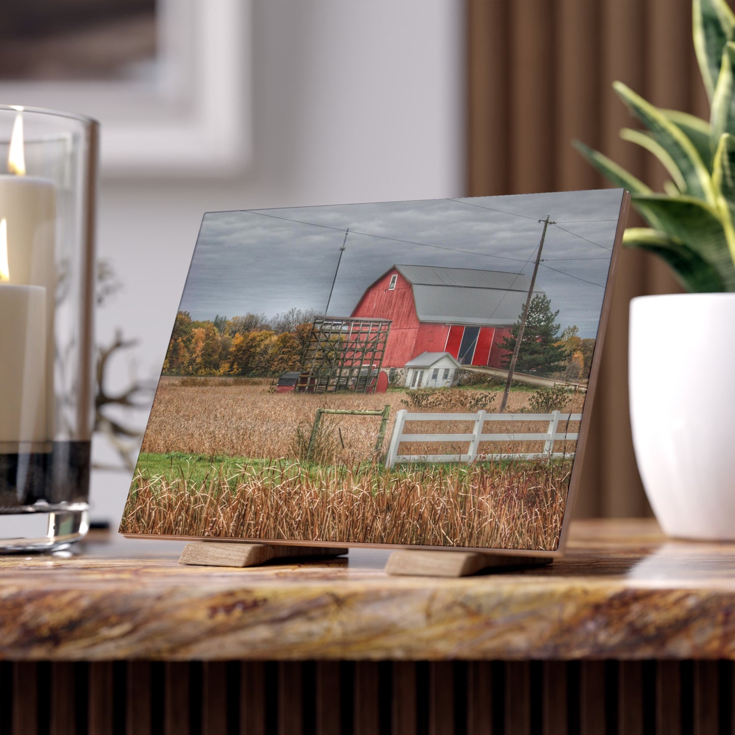 U R There Photography Barnes Road Red in Fall Rustic Farmhouse Decorative Ceramic Tile