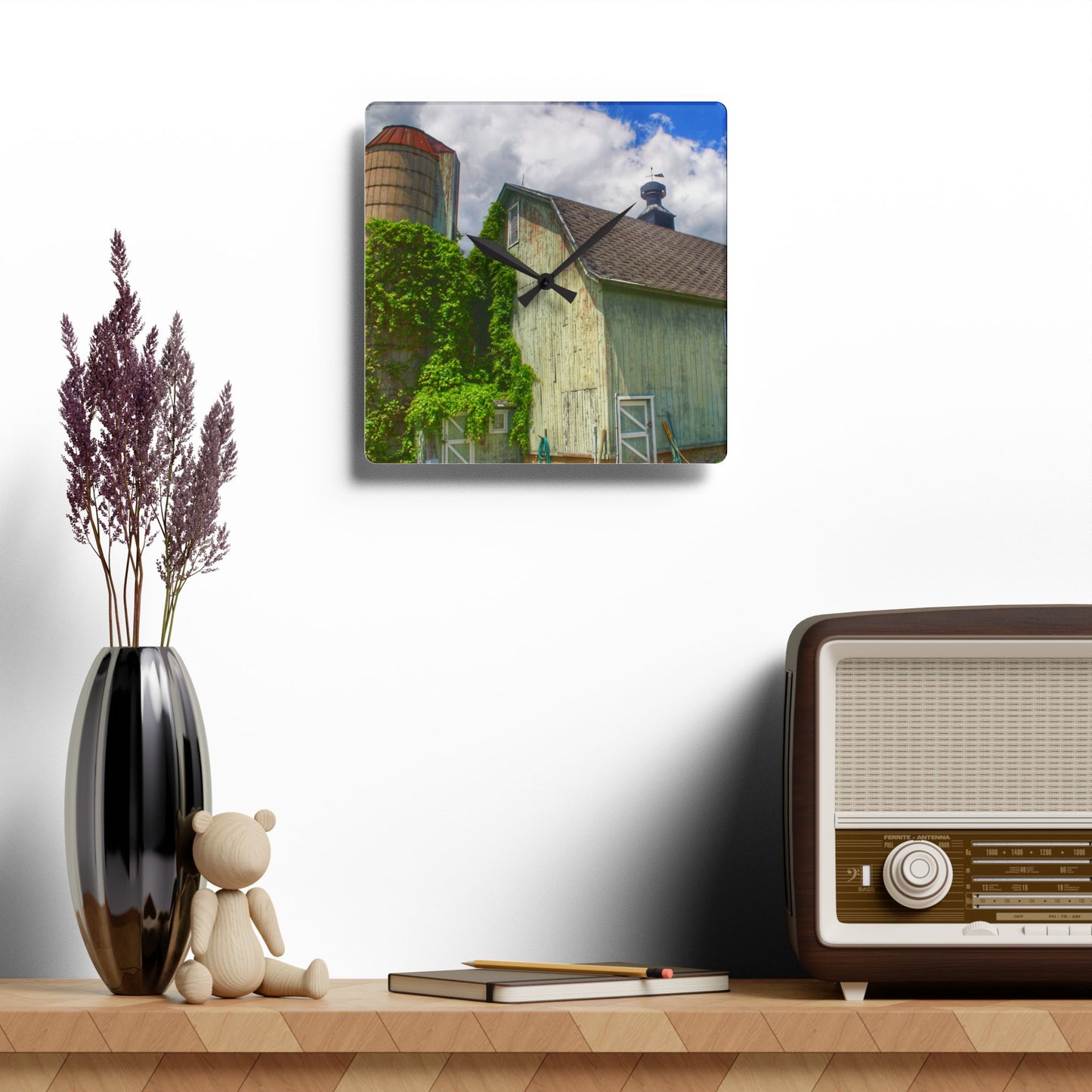 U R There Photography Clark Road Meadow Green Rustic Farmhouse Acrylic Analog Wall Clock