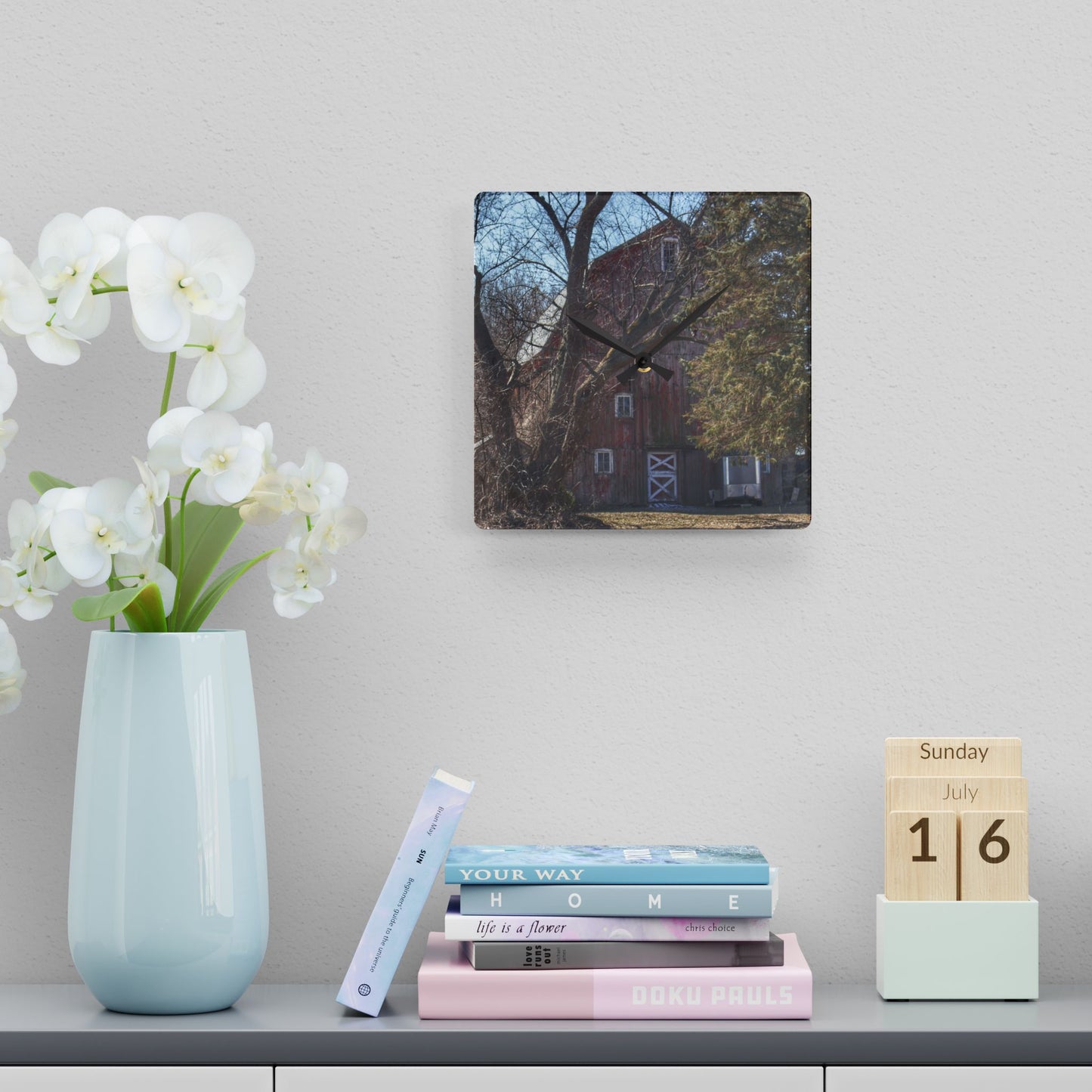 U R There Photography Lakeville Road Hidden Red Rustic Farmhouse Acrylic Analog Wall Clock