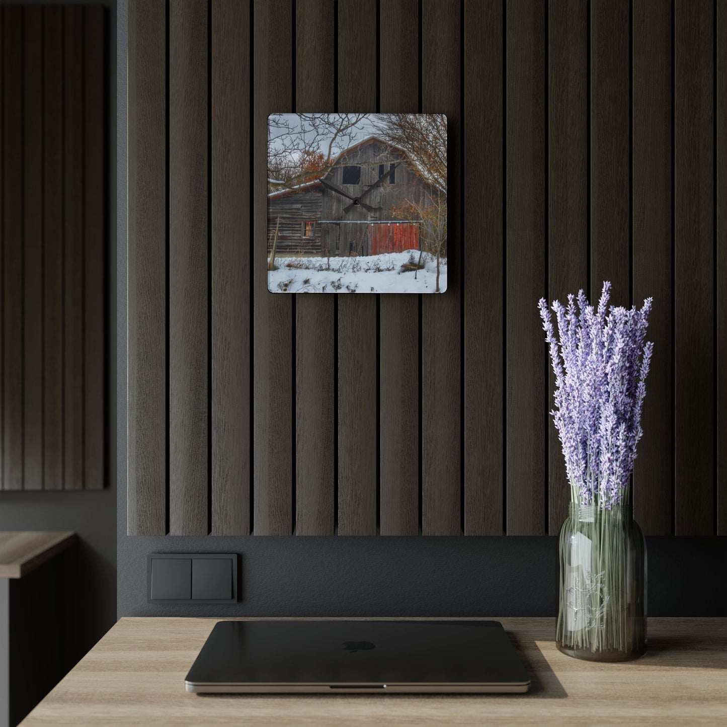 U R There Photography Hayes Road Grey in Winter I Rustic Farmhouse Acrylic Analog Wall Clock