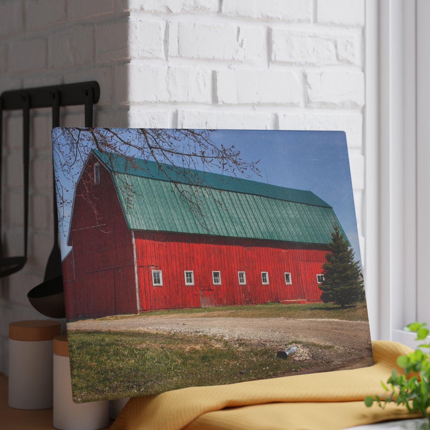 U R There Photography Perry Road Red Rustic Farmhouse Tempered-Glass Cutting Board
