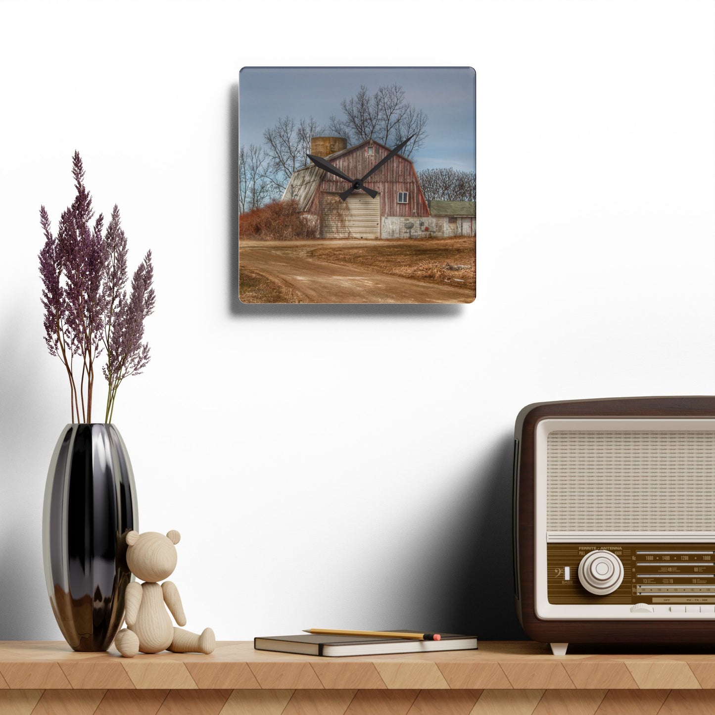 U R There Photography Maple Valley Road Red I Rustic Farmhouse Acrylic Analog Wall Clock