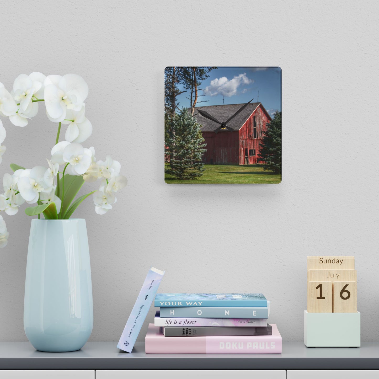 U R There Photography Havens Road Red Among the Pines Rustic Farmhouse Acrylic Analog Wall Clock