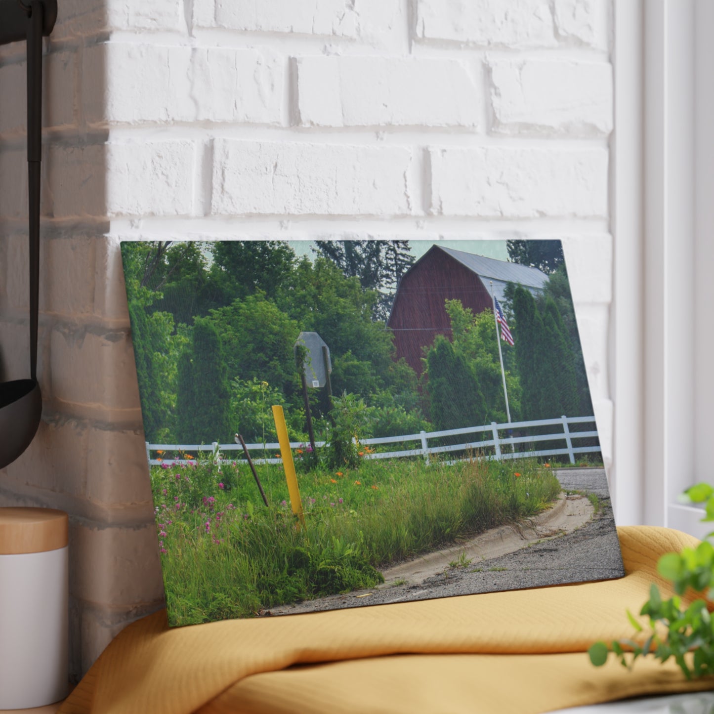 U R There Photography Sutton Road Red and Old Glory Rustic Farmhouse Tempered-Glass Cutting Board