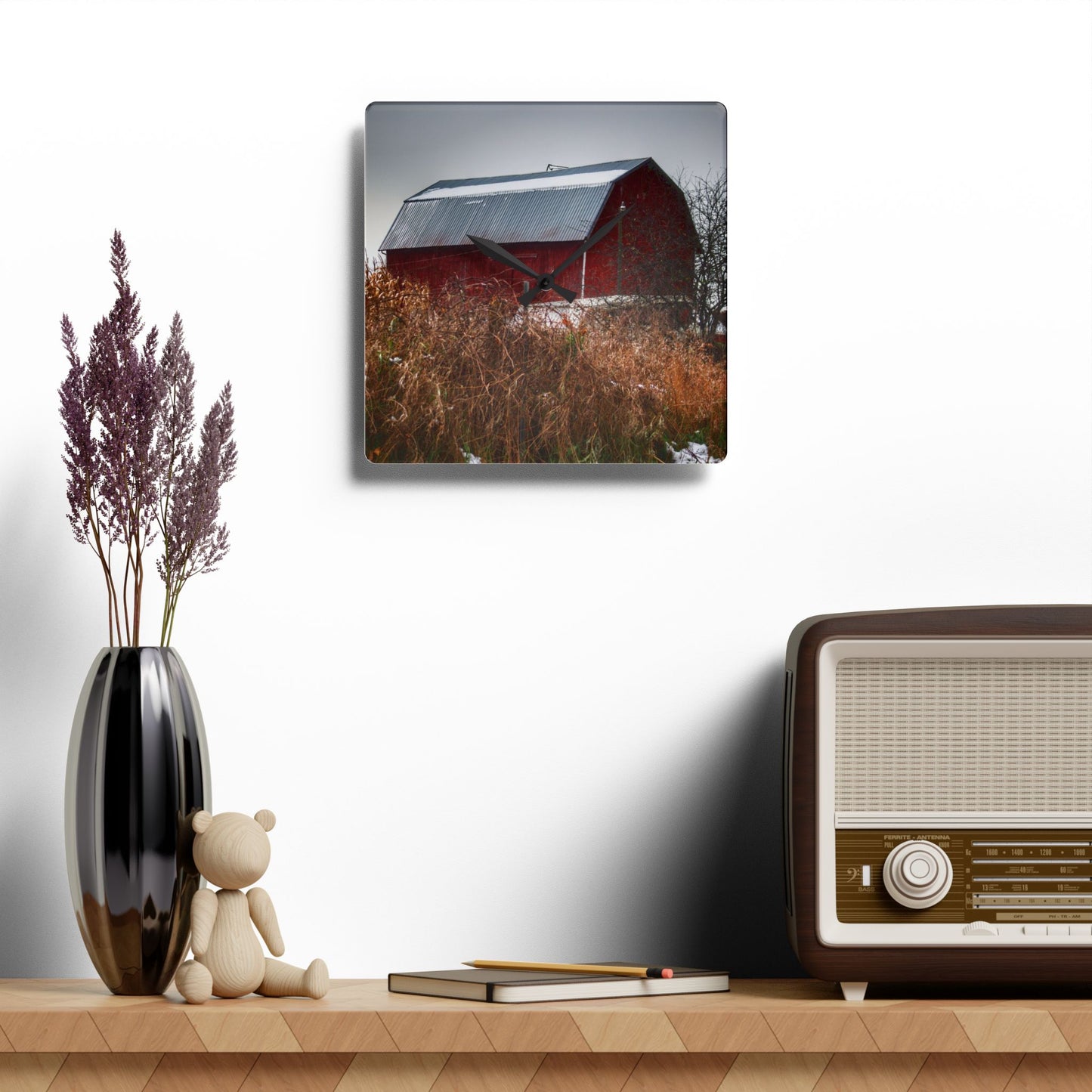 U R There Photography Noble Road Red Rustic Farmhouse Acrylic Analog Wall Clock