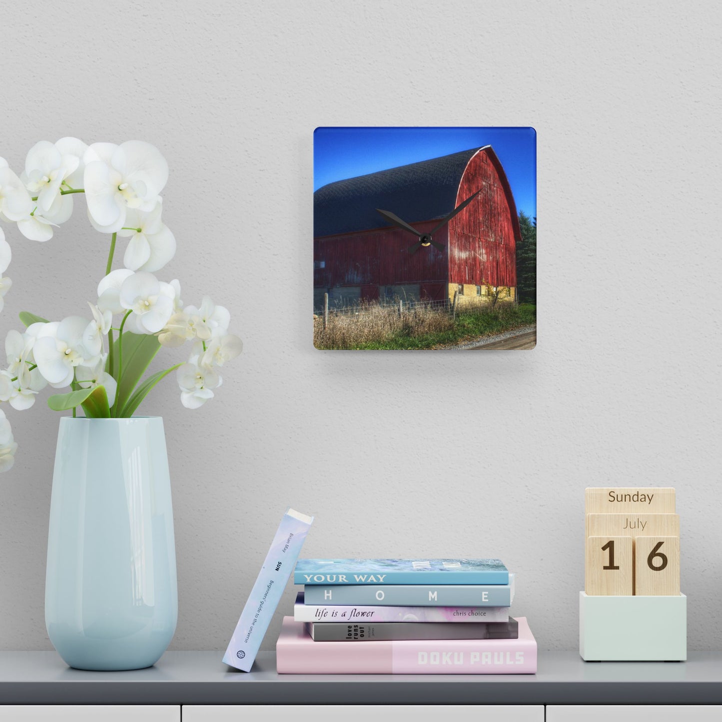 U R There Photography Big Roadside Red Rustic Farmhouse Acrylic Analog Wall Clock