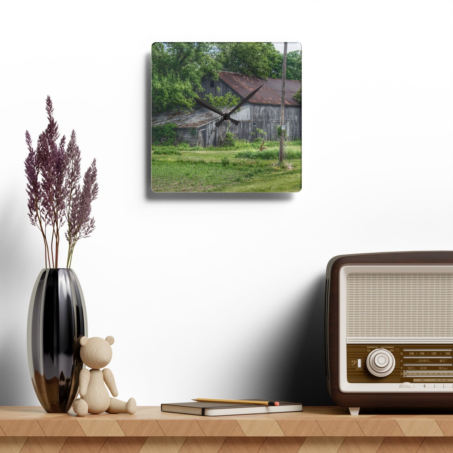 U R There Photography Frankenmuth Grey Saltbox Rustic Farmhouse Acrylic Analog Wall Clock