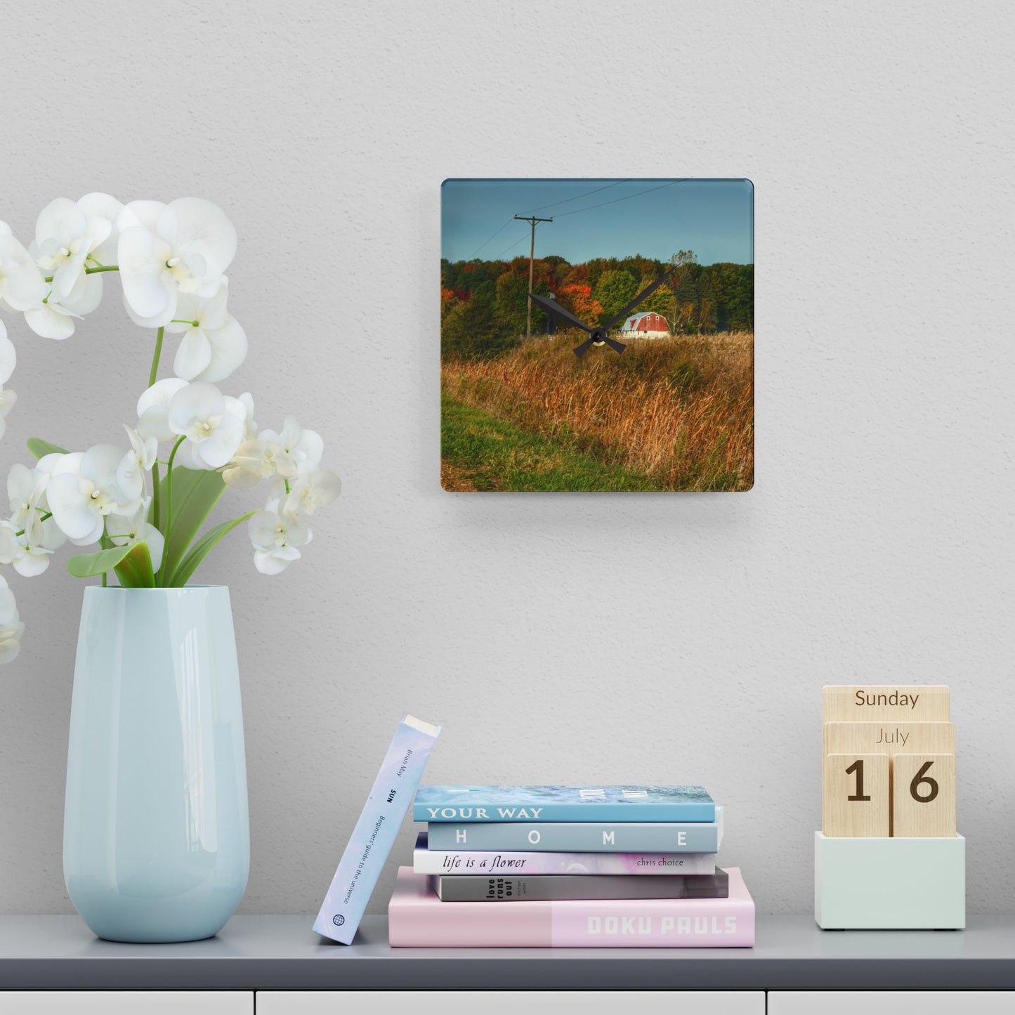 U R There Photography Murphy Lake Road Hidden Red Rustic Farmhouse Acrylic Analog Wall Clock