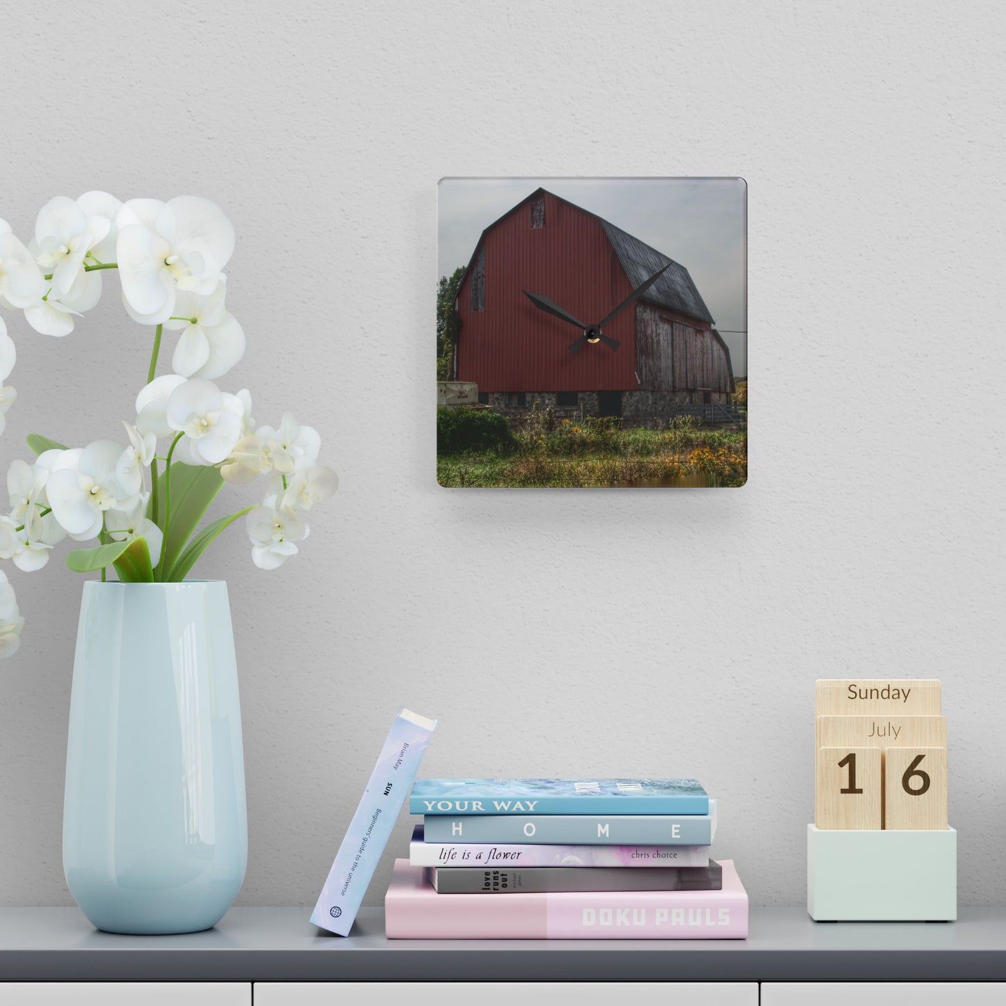 U R There Photography Roadside Stone Red Rustic Farmhouse Acrylic Analog Wall Clock