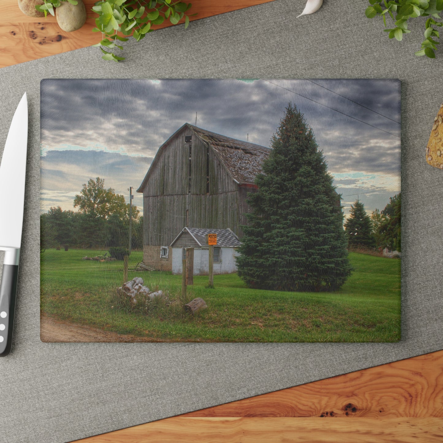 U R There Photography Rich Road Falling Grey II Rustic Farmhouse Tempered-Glass Cutting Board
