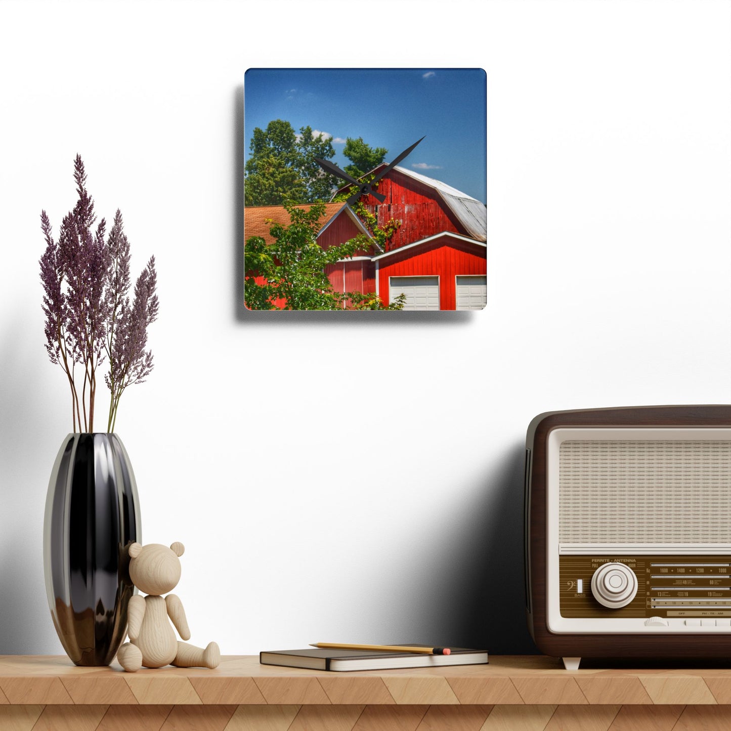 U R There Photography McKeen Lake Road Reds I Rustic Farmhouse Acrylic Analog Wall Clock