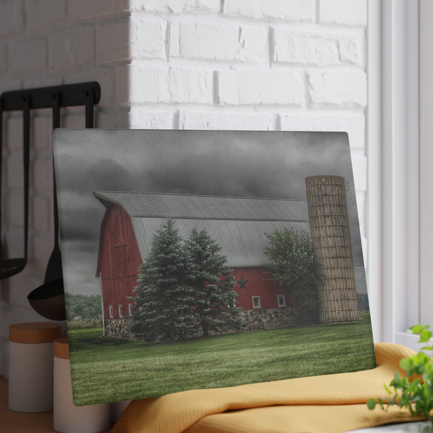 U R There Photography Clifford Road Red and Silo I Rustic Farmhouse Tempered-Glass Cutting Board