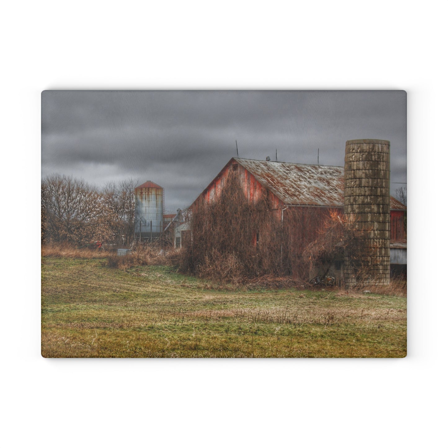 U R There Photography Slattery Road Old Red and Silo II Rustic Farmhouse Tempered-Glass Cutting Board 8"x 11"d