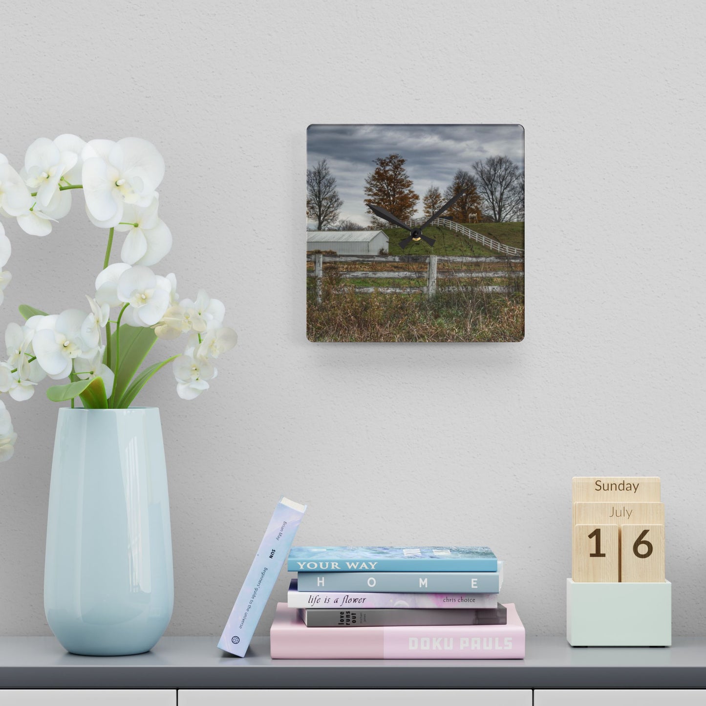 U R There Photography Millville Road Horses on the Hill Rustic Farmhouse Acrylic Analog Wall Clock
